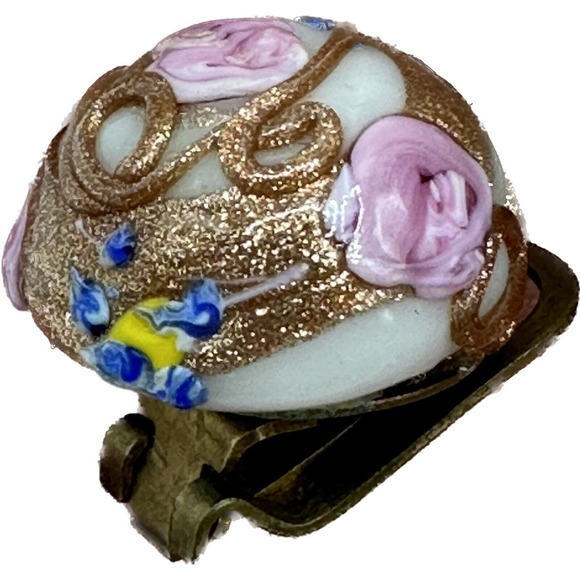 Vtg Made in ITALY Venetian Wedding Cake Glass Button Clip On Earrings Pink Gold - Picture 2 of 13